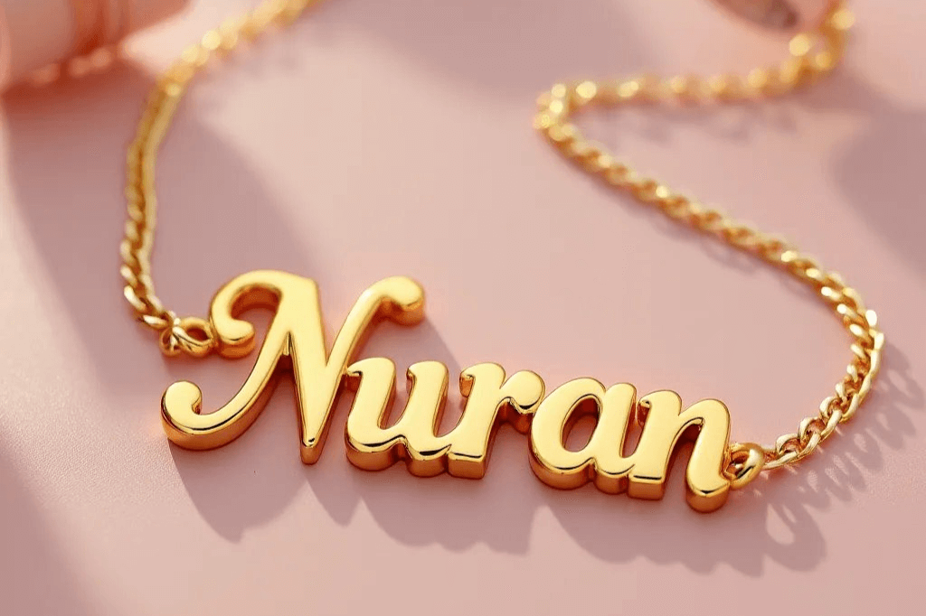 Customizable personalized gold necklace featuring the name Nuran on an elegant gold chain – luxurious personalized jewelry gift for women