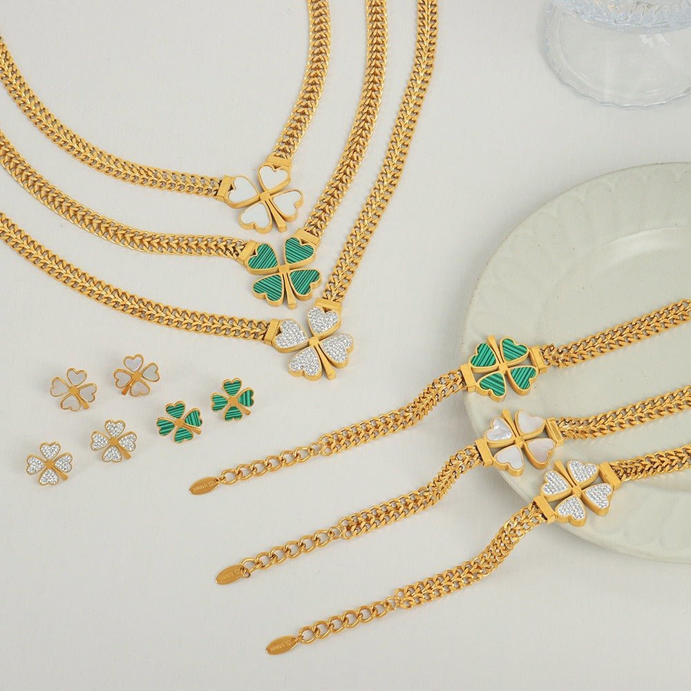 Four - leaf Flower Set - jewelry - Nuran Prestige - Necklace - Gold - White sea shells